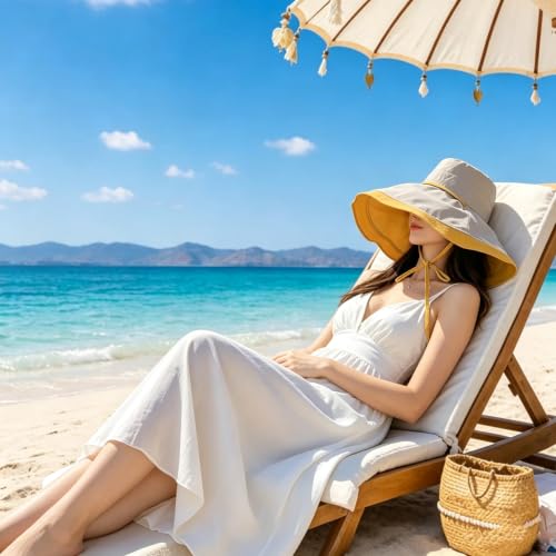 HUAMULAN Women Summer Vacation Wide Brim Sun Hat Reversible Fishing Hats - color: Yellowbeige