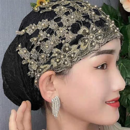 haozaikeji Women Flower Turban Hat Rhinestones Muslim Islamic Head Wrap African Pearl Turban Soft Stretchy Head Cover - color: Black