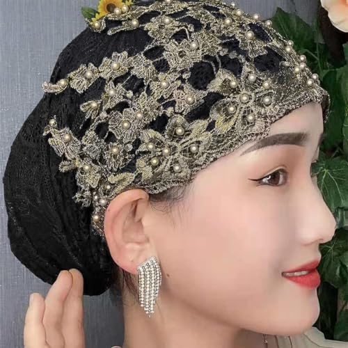 haozaikeji Women Flower Turban Hat Rhinestones Muslim Islamic Head Wrap African Pearl Turban Soft Stretchy Head Cover - color: Black