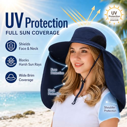 HUAMULAN Women Men Wide Brim Sun Hat Hiking Fishing Hats with Neck Flap - color: Navy Solid
