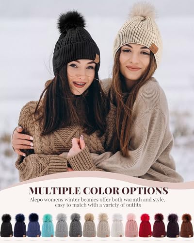 Alepo Womens Winter Beanie Hat, Warm Fleece Lined Knitted Soft Ski Cuff Cap with Pom Pom - color: Beige