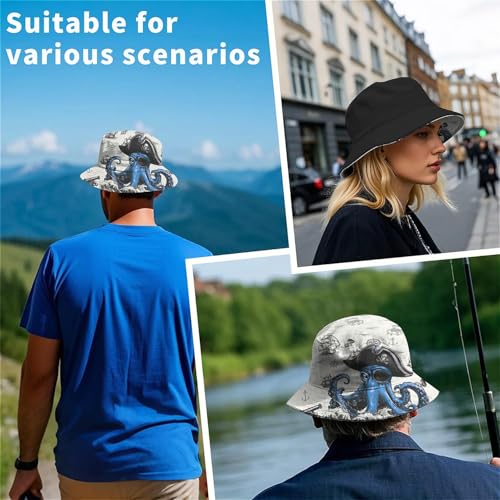 Amasnay Funny Bucket Hat Cotton Double-Side-Wear Reversible Sun Hat for Women Men, Summer Vacation Travel Beach Fisherman Hat - color: Blue Pirate Octopus