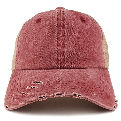 Trendy Apparel Shop Pigment Dyed Front Mesh Back Frayed Bill Trucker Cap - color: Wine