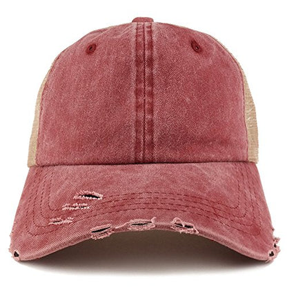 Trendy Apparel Shop Pigment Dyed Front Mesh Back Frayed Bill Trucker Cap - color: Wine