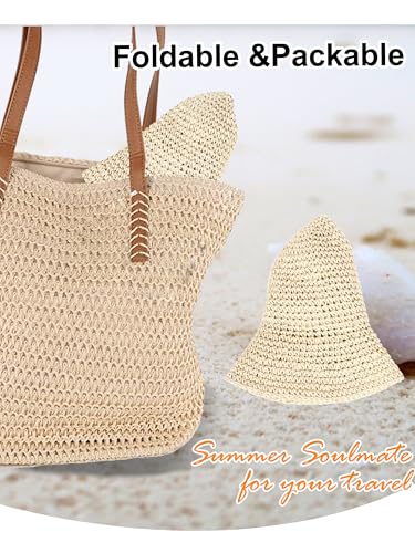 sy soul young Women's Straw Sunhat Wide Brim Hand Woven Beach Bucket Hat - color: Beige