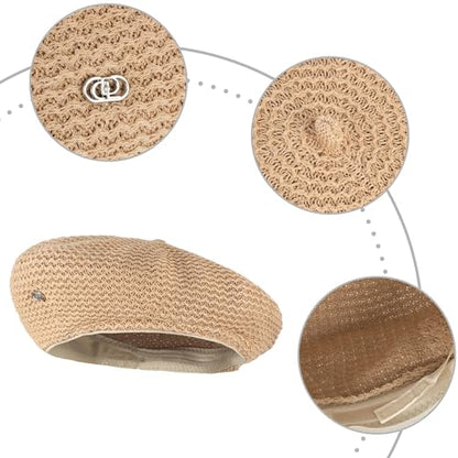 Women Summer Straw Woven Sunhat Classic Beret Artist Painter Sun Hat Cap - color: B Khaki