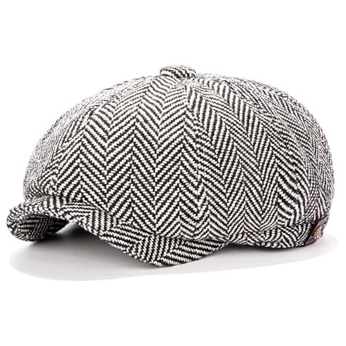 Men's Wool Newsboy Cap 8-Panel Tweed Taxi Hat Herringbone Gatsby Flat Hats - color: Light Gray