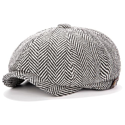 Men's Wool Newsboy Cap 8-Panel Tweed Taxi Hat Herringbone Gatsby Flat Hats - color: Light Gray