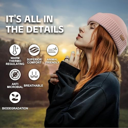 100% Merino Wool Fisherman Beanie for Men Women, Short Knit Cuff Trawler Winter Hat, Warm Soft Outdoor Gift - color: Light Pink