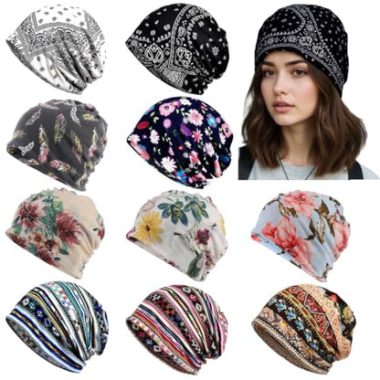 Tergy 4/10/12 Pieces Unisex Beanie Hats for Men Women Slouchy Beanie Hip-Hop Caps Lighweight Soft Skull Caps for Chemo Sleep - color: 10 Colors