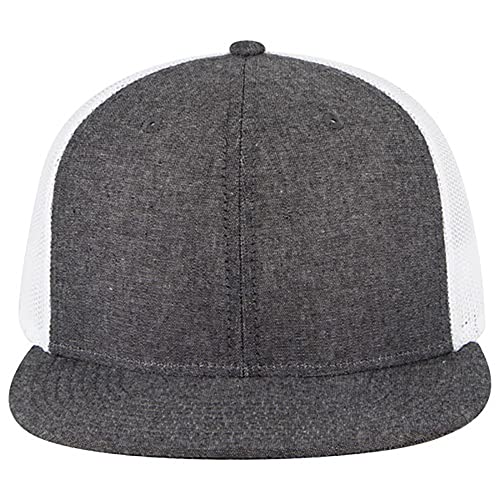 Ashen Fane 6 Panel Mid Profile Mesh Back Structured Trucker Adjustable Snapback Hat - color: Chambray Black/White