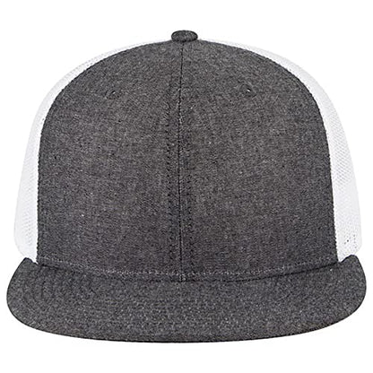 Ashen Fane 6 Panel Mid Profile Mesh Back Structured Trucker Adjustable Snapback Hat - color: Chambray Black/White