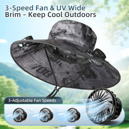 Hat with Fan Wide Edge, Waterproof Solar Powered Fan Hat with 2 Solar Fans 3-Speed Adjustable for Men and Women - color: Camouflage Gray