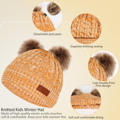 Kids Winter Beanie Hat Scarf Gloves Set,Toddlers Knit Winter Warm Double Pompom Cap Scarf Gloves for Girls Boys 1-5 Years Old - color: Yellow Mix