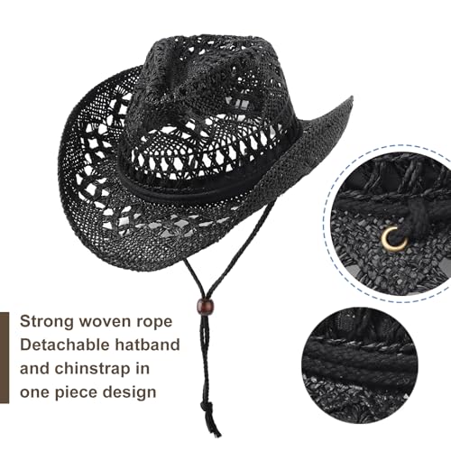 AQOKKA Straw Cowboy Hats for Women Men Western Cowgirl Hats with Shapeable Brim Woven Hollow Out Unisex Beach Roll Up Caps - color: Black