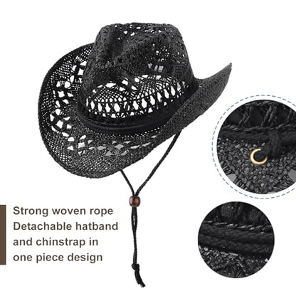 AQOKKA Straw Cowboy Hats for Women Men Western Cowgirl Hats with Shapeable Brim Woven Hollow Out Unisex Beach Roll Up Caps - color: Black