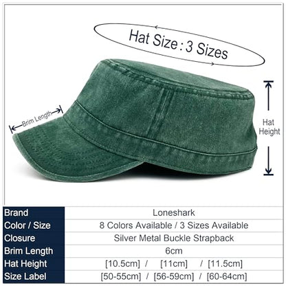 Loneshark Washed Cotton Military Hat Cadet Cap Army Flat Top Basic Everyday - color: Green, size: Medium-Large