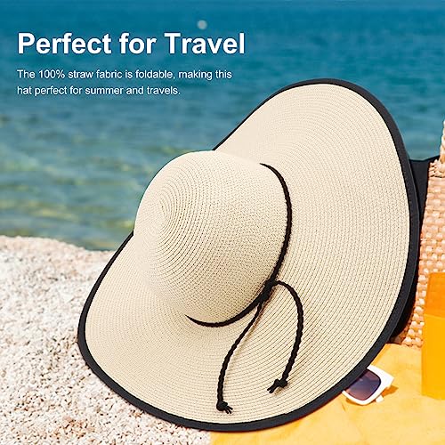 AQOKKA Beach Hats for Women Men Big Straw Wide Brim Summer Hat Floppy Foldable Roll up Cap for Beach Outdoor UPF 50+ - color: 1 Pack: String Tie Beige