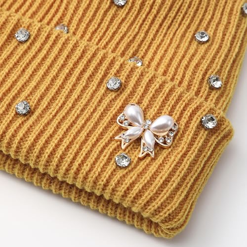 Cute Rhinestone Hat Winter Cuffed Ribbed Knitted Pearl Bow Beanie for Women Men - color: Beige