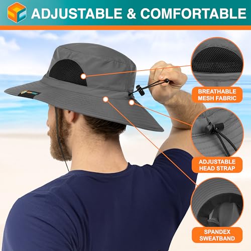 SUN CUBE Wide Brim Sun Hat for Men & Women, UPF 50+ UV Protection, Mesh Boonie Hat with Chin Strap, Fishing Hiking Hat - color: Grey