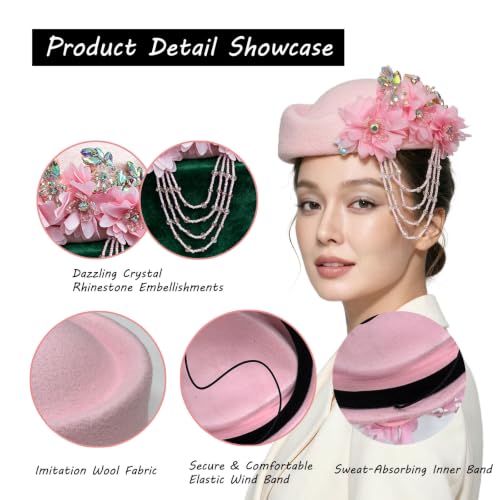 Women's Retro British Felt Headscarf Hat Church Derby Headdress with Floral Women's Soft Beret - color: 02 Light Pink