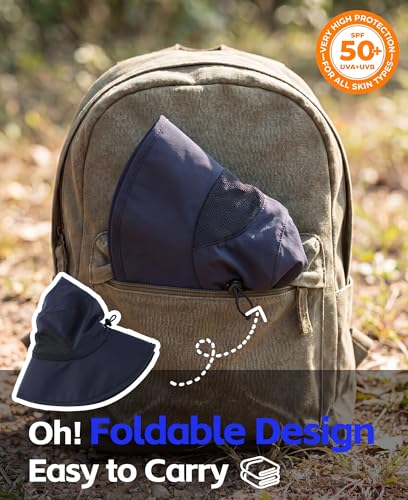 Home Prefer UPF50+ Mens Sun Hat Wide Brim Fishing Hat for Men UV Protection Womens Beach Bucket Hat for Golf Hiking Gardening - color: Navy Blue