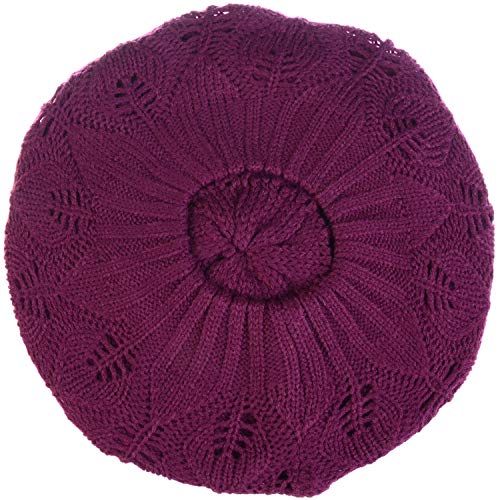 BYOS Women Mid-Weight Slouchy Leafy Cutout Crochet Soft Knit French Beret Hat - color: 2-pack-mulberry Purple & Bk