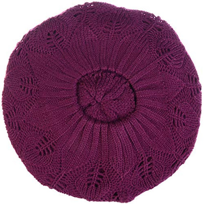 BYOS Women Mid-Weight Slouchy Leafy Cutout Crochet Soft Knit French Beret Hat - color: 2-pack-mulberry Purple & Bk
