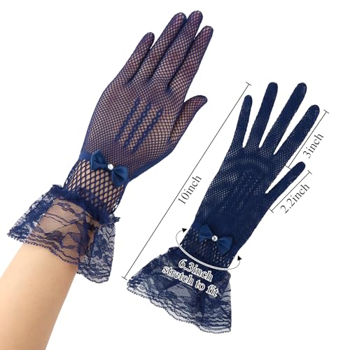 Womens Fascinators Hats and Lace Fishnet Gloves Short Tea Party Hats Feather Headband for Wedding Cocktail - color: Midnight Blue