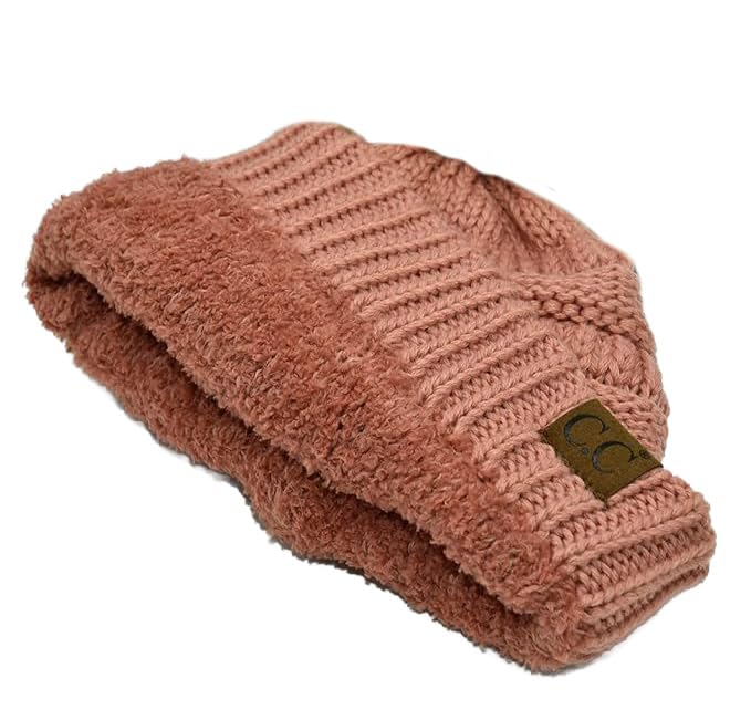 C.C Unisex Chunky Soft Stretch Cable Knit Warm Fuzzy Lined Skully Beanie - color: Salmon Pink