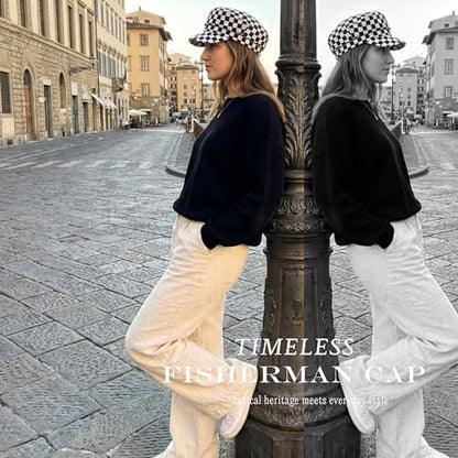 Funky Junque Greek Fisherman Newsboy Cap, Cotton Captains Bakerboy Hat - color: Checker - White/Black