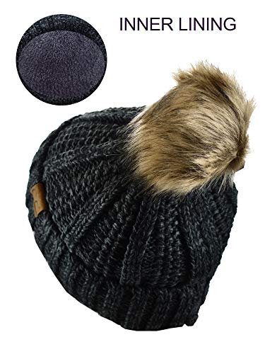 C.C Thick Cable Knit Faux Fuzzy Fur Pom Fleece Lined Skull Cap Cuff Beanie - color: Black/Gray