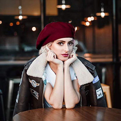 Womens Winter Beret Hat Knitted Beanie Cap Autumn Winter Hat French Classic Beret - color: Wine Red
