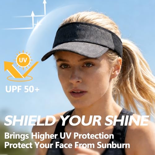 BEARAE Sun Visor Hats for Women, Adjustable UV Protection Womens Sun Hat, Wide Brim Hats Golf Sports Cap for Women Ponytail - color: Matte Black