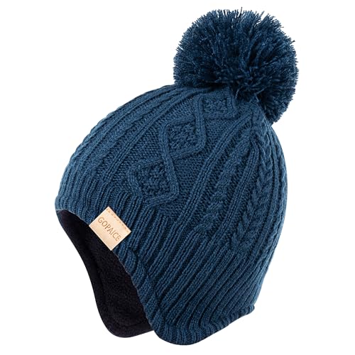 Kids Winter Beanie Hat and Scarf Set with Pom Pom for Girls, Children's Thick Ski Cap with Earflap Fleece Lined Hat 3-9 Years - color: Peacock Blue