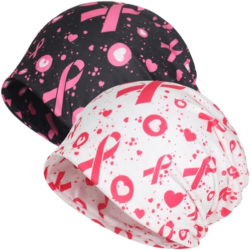 Jemis Sweet Heartwarming Breast Cancer Beanie Hat, Romantic Knitted Hat, Cancer Headwear Caps Baggy Skull Sleep Scarf - color: 2 Pack Pink White & Black Red