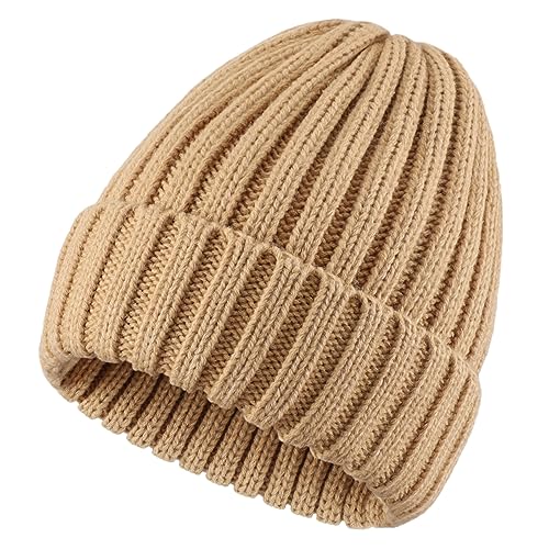 Connectyle Women's Rib Knit Cuffed Beanie Hat Stretch Acrylic Winter Hat Thick Warm Snow Ski Cap - color: Khaki