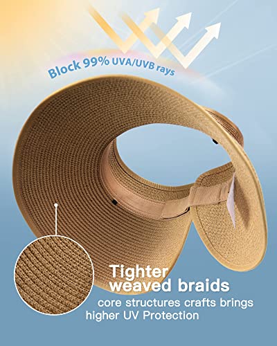 FURTALK Womens Sun Hat with Ponytail Hole Wide Brim Beach Straw Visor - color: Khaki