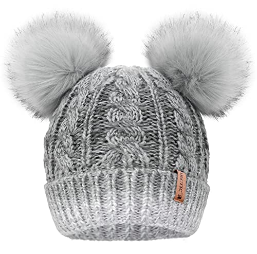 Arctic Paw Pom Pom Beanie Cable Knit Fleece Lined Winter Beanie Women Hat - color: Grey