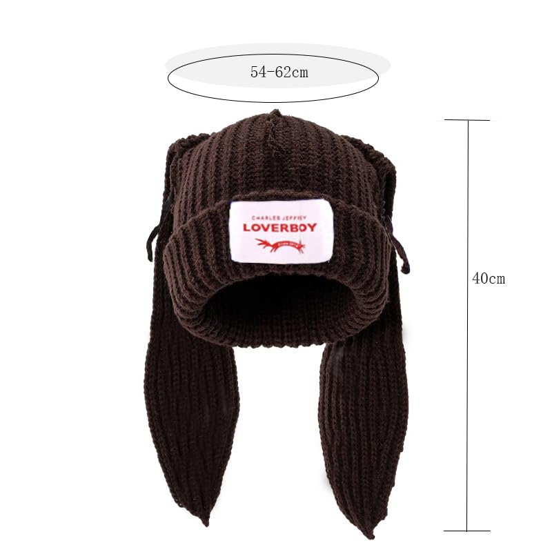 Knitted Beanie Hat Cute Rabbit Long Ears Fun Caps Fluffy Winter Warm Knitted Rabbit Hats Outdoor Slotty Cap - color: Coffeec