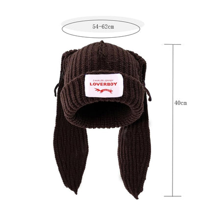 Knitted Beanie Hat Cute Rabbit Long Ears Fun Caps Fluffy Winter Warm Knitted Rabbit Hats Outdoor Slotty Cap - color: Coffeec