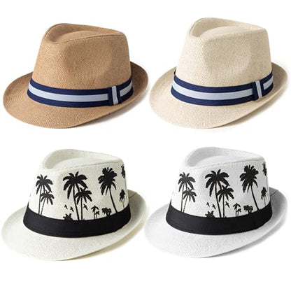 4 Pack Short Brim Straw Fedora Summer Beach Sun Hat Men - color: 4 Pcs Set D