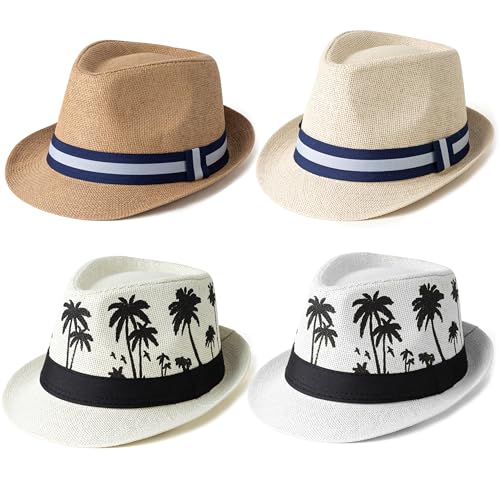 4 Pack Short Brim Straw Fedora Summer Beach Sun Hat Men - color: 4 Pcs Set D