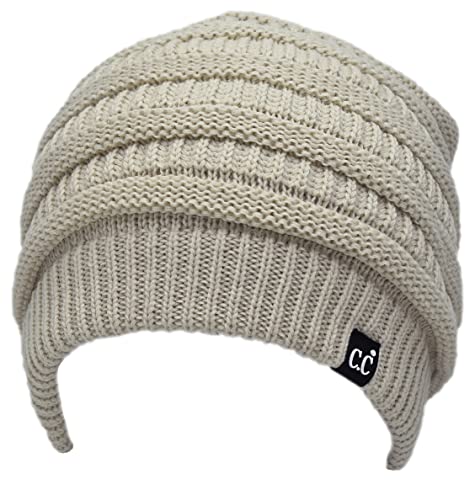 C.C Beanie Oversized Hat with Fuzzy Lining – Thick Knit Thermal Beanie for Cold Weather, Soft Warm Fleece Lined Cap - color: Beige