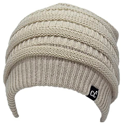 C.C Beanie Oversized Hat with Fuzzy Lining – Thick Knit Thermal Beanie for Cold Weather, Soft Warm Fleece Lined Cap - color: Beige