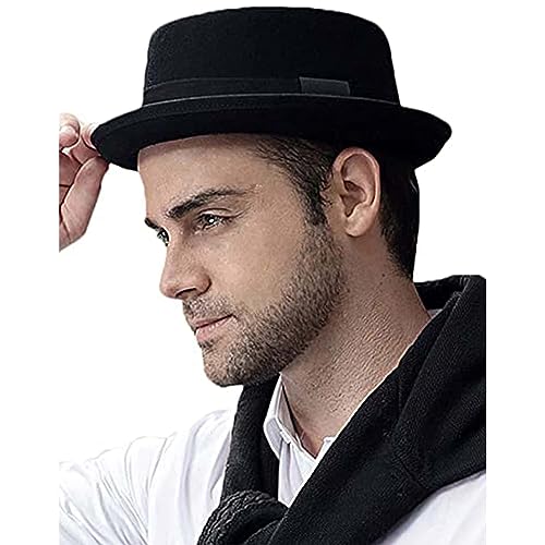 HIMESPORT Pork Pie Hat - Men's Brown Wool Felt Fedora - Heisenberg Hat - Classic Style - Spring, Fall - Size M (58cm) - color: Black, size: Medium
