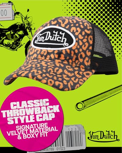 Von Dutch Unisex Velvet Trucker Hat, Curved Bill, Mesh Back, Snapback - color: Orange Leopard