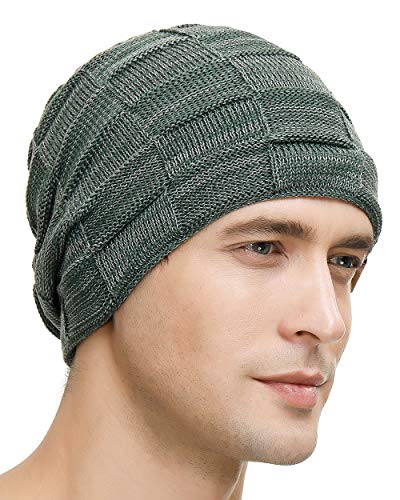 Vgogfly Slouchy Beanie for Men Winter Hats for Guys Cool Beanies Mens Lined Knit Warm Thick Skully Stocking Binie Hat Pairs - color: Blue / Army Green