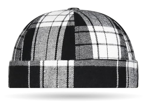 DIYDECAL Striped Plaid Brimless Worker Cap,Retro Skullcap Docker Hat for Men Womens - color: Black