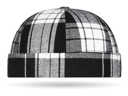 DIYDECAL Striped Plaid Brimless Worker Cap,Retro Skullcap Docker Hat for Men Womens - color: Black
